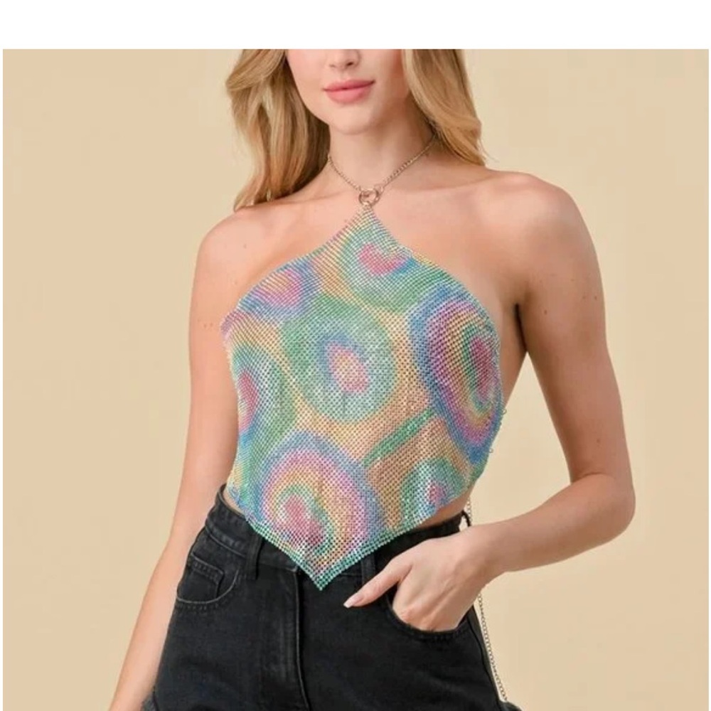 Halter-Neck Rainbow Sequin Mesh Top - Multicolor